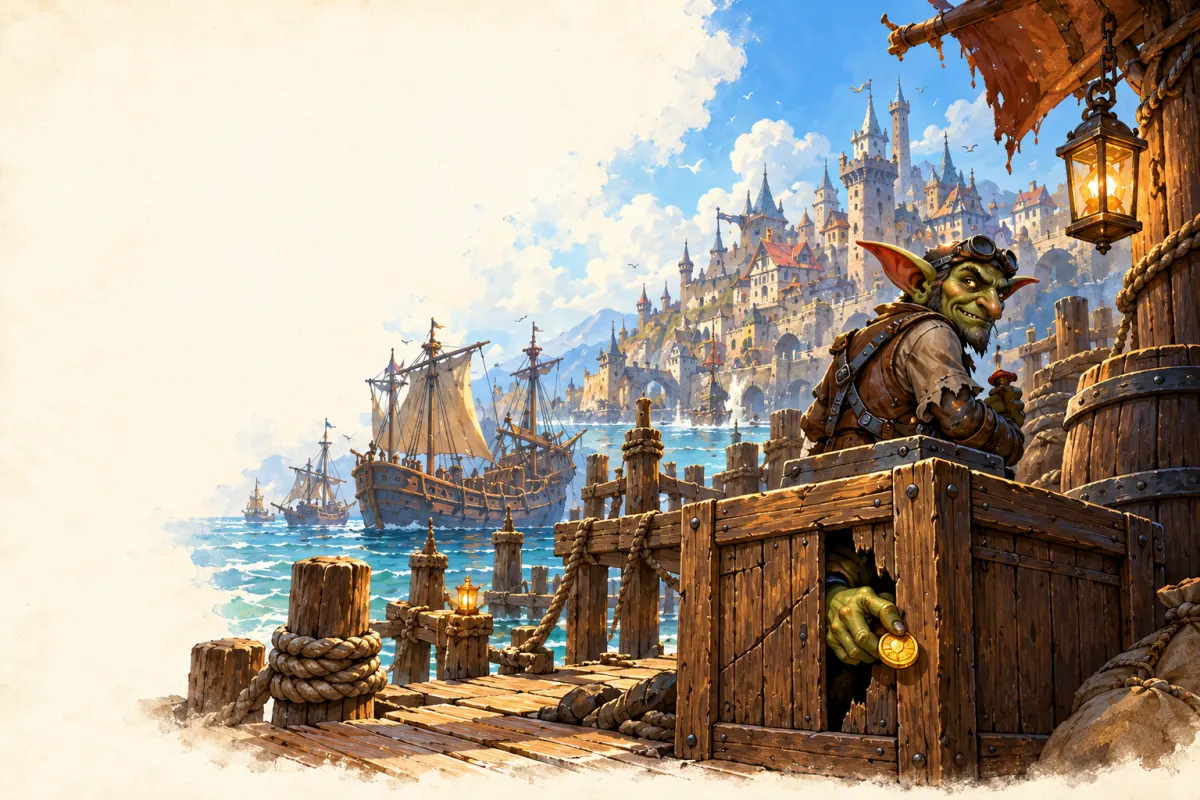 A grinning green goblin courier looks back beside a dockside crate, with a second green hand offering a coin through its opening.